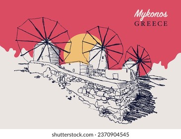 Vektorhandgezeichnete Skizze der traditionellen ägäischen Windmühlen auf der griechischen Insel Mykonos.