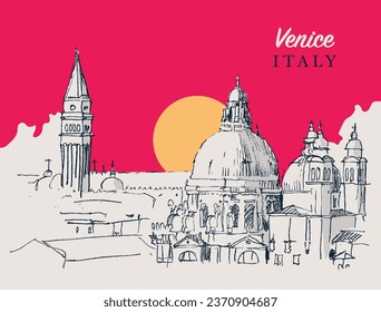 Vector hand drawn sketch illustration of the campanile of St. Mark and the domes of Santa Maria della Salute basilica in Venice, Italy. svg