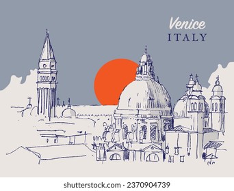Vector hand drawn sketch illustration of the campanile of St. Mark and the domes of Santa Maria della Salute basilica in Venice, Italy. svg
