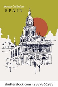 Vector hand drawn sketch illustration of the Murcia Cathedral in Murcia, Spain.