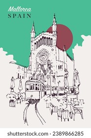 Vector hand drawn sketch illustration of a tram passing by the cathedral in Mallorca, Spain.