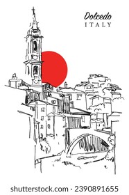 Vector hand drawn sketch illustration of Dolcedo, a small town in Liguria, Italy.