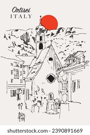 Vector hand drawn sketch illustration of Ortisei, Italy