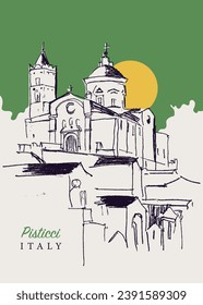 Von Hand gezeichnete Vektorgrafik von Pisticci, einer Stadt in Süditalien.