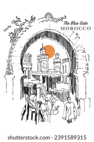 Vector hand drawn sketch illustration of the Blue Gate in Fez, Morocco.