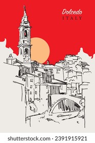 Vector hand drawn sketch illustration of Dolcedo, a small town in Liguria, Italy.