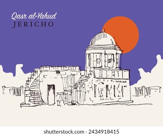 Vector hand drawn sketch illustration of Qasr al Yahud in the Jordan River Valley