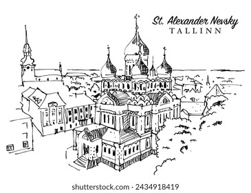 Vector dibujado a mano ilustración de boceto de la catedral de San Alexander Nevsky en Tallin, Estonia
