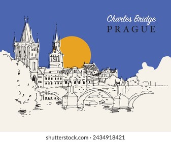 Vector hand drawn sketch illustration of the Charles Bridge in Prague, Czechia