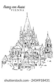 Vector hand drawn sketch illustration of the Franz von Assisi catholic church in Vienna, Austria.