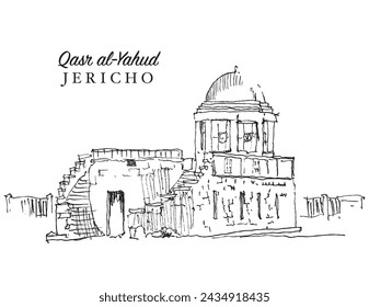 Vector hand drawn sketch illustration of Qasr al Yahud in the Jordan River Valley
