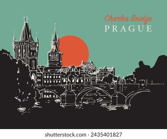 Vector hand drawn sketch illustration of the Charles Bridge in Prague, Czechia