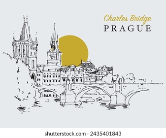 Vector hand drawn sketch illustration of the Charles Bridge in Prague, Czechia