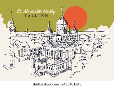 Vector dibujado a mano ilustración de boceto de la catedral de San Alexander Nevsky en Tallin, Estonia