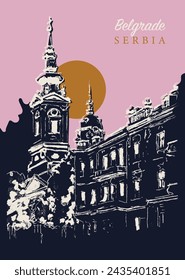 Vector hand drawn sketch illustration of the Michael the Archangel Church in Belgrade, Serbia.