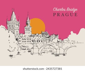 Vector hand drawn sketch illustration of the Charles Bridge in Prague, Czechia