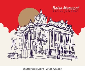 Vector hand drawn sketch illustration of the Municipal Theater of Rio de Janeiro, Brazil