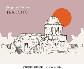 Vector hand drawn sketch illustration of Qasr al Yahud in the Jordan River Valley