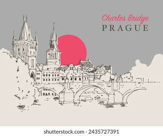 Vector hand drawn sketch illustration of the Charles Bridge in Prague, Czechia