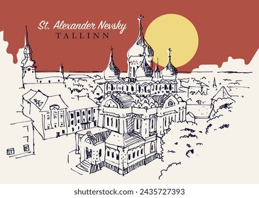 Vector hand drawn sketch illustration of St. Alexander Nevsky Cathedral in Tallinn, Estonia