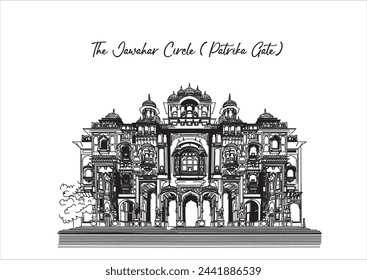 Vector hand drawn sketch illustration of Patrika Gate, one of the majestic gates of The Jawahar Circle Garden in Jaipur, Rajasthan, India