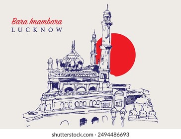 Vector hand drawn sketch illustration of the Bara Imambara, an old shia mosque in Lucknow, India.