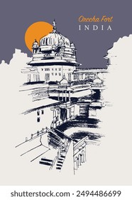 Vector hand drawn sketch illustration of the Orchha Fort in the Madhya Pradesh region of India.