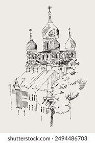Vector hand drawn sketch illustration of the Alexander Nevsky Church in Tallinn, the capital of Estonia.
