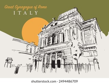 Vector hand drawn sketch illustration of the Great Synagogue of Rome, Italy.