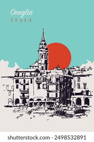 Vector hand drawn sketch illustration of Oneglia town in northern Italy on the Ligurian coast.