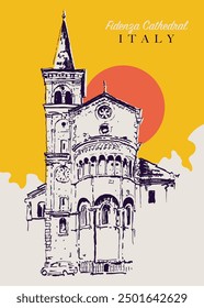 Vector hand drawn sketch illustration of the Fidenza Cathedral in the center of Fidenza in Parma province, region of Emilia Romagna, Italy