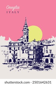 Vector hand drawn sketch illustration of Oneglia town in northern Italy on the Ligurian coast.