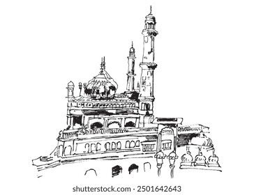 Vector hand drawn sketch illustration of the Bara Imambara, an old shia mosque in Lucknow, India.