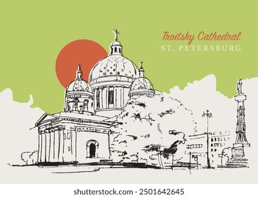 Vector hand drawn sketch illustration of the Holy Trinity Cathedral or Troitsky Cathedral in Saint Petersburg, Russia.