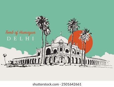 Vector hand drawn sketch illustration of the Tomb of Humayun in Delhi, India