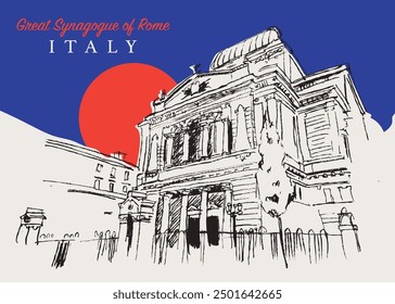 Vector hand drawn sketch illustration of the Great Synagogue of Rome, Italy.