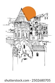 Vector hand drawn sketch illustration of the Surb Gevorg Armenian Church in the old town of Tbilisi, Georgia.