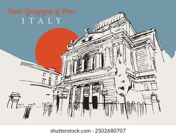 Vector hand drawn sketch illustration of the Great Synagogue of Rome, Italy.