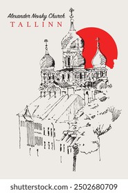 Vector hand drawn sketch illustration of the Alexander Nevsky Church in Tallinn, the capital of Estonia.