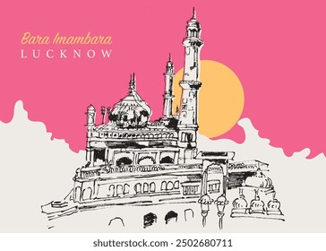 Vector hand drawn sketch illustration of the Bara Imambara, an old shia mosque in Lucknow, India.