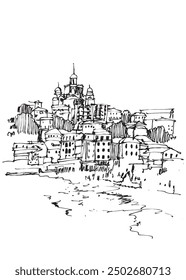 Vector hand drawn sketch illustration of Imperia in Liguria region of Italy