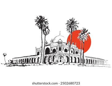 Vector hand drawn sketch illustration of the Tomb of Humayun in Delhi, India