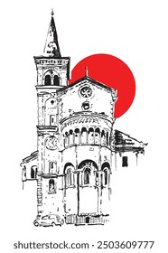 Vector hand drawn sketch illustration of the Fidenza Cathedral in the center of Fidenza in Parma province, region of Emilia Romagna, Italy