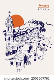 Vector hand drawn sketch illustration of Triora, a municipality in the province of Imperia in the region of Liguria, Italy