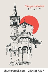 Vector hand drawn sketch illustration of the Fidenza Cathedral in the center of Fidenza in Parma province, region of Emilia Romagna, Italy