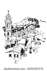 Vector hand drawn sketch illustration of Triora, a municipality in the province of Imperia in the region of Liguria, Italy