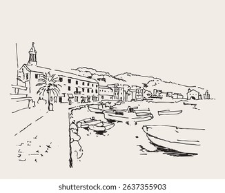 Vector hand drawn sketch illustration of Hvar, a island resort town in Croatia.
