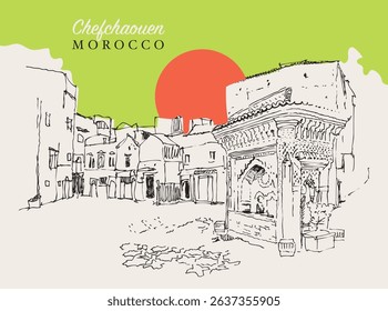 Vector hand drawn sketch illustration of Chefchaouen or Chaouen in Morocco.
