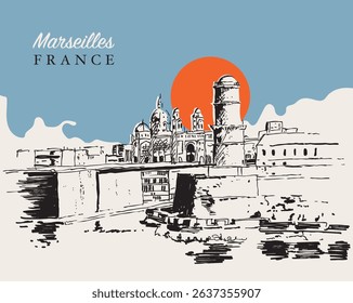 Vector hand drawn sketch illustration of Marseilles, South of France