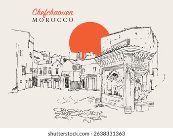 Vector hand drawn sketch illustration of Chefchaouen or Chaouen in Morocco.